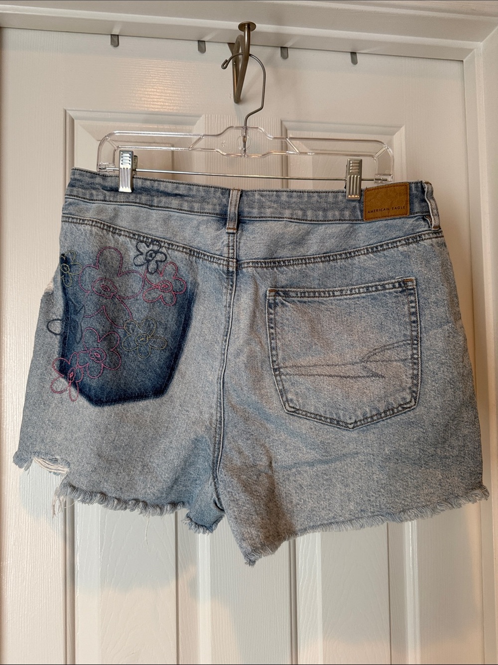 American Eagle Outfitters Light Wash Denim Shorts with Floral Pocket Embroidery
